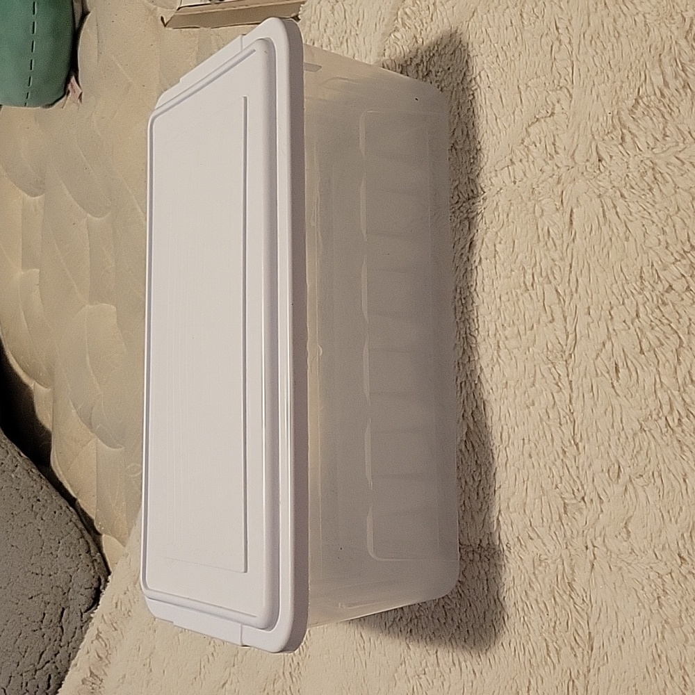Storage container (1 left) - clear plastic with white lid